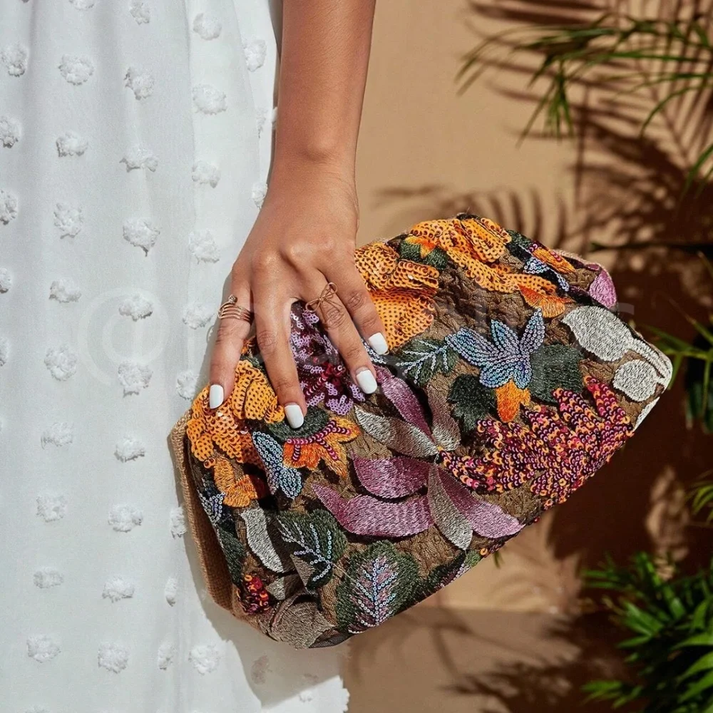 Sequined Floral Pattern Pouch Clutch Bag Multicolor - Picture 10 of 11